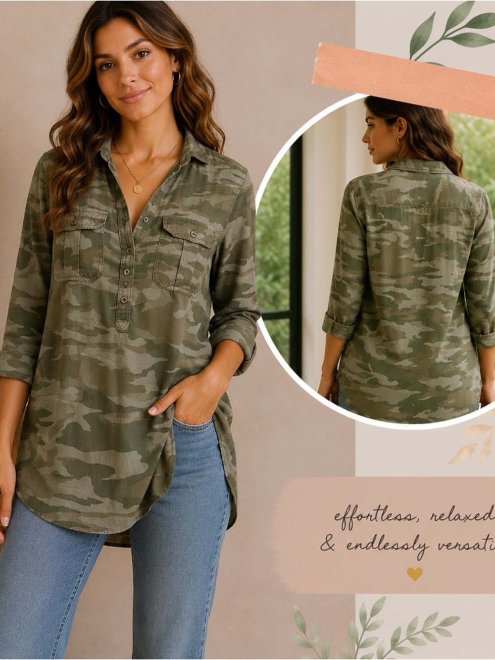 Camo Button-Front Utility Shirt/Dress - Olive Camo